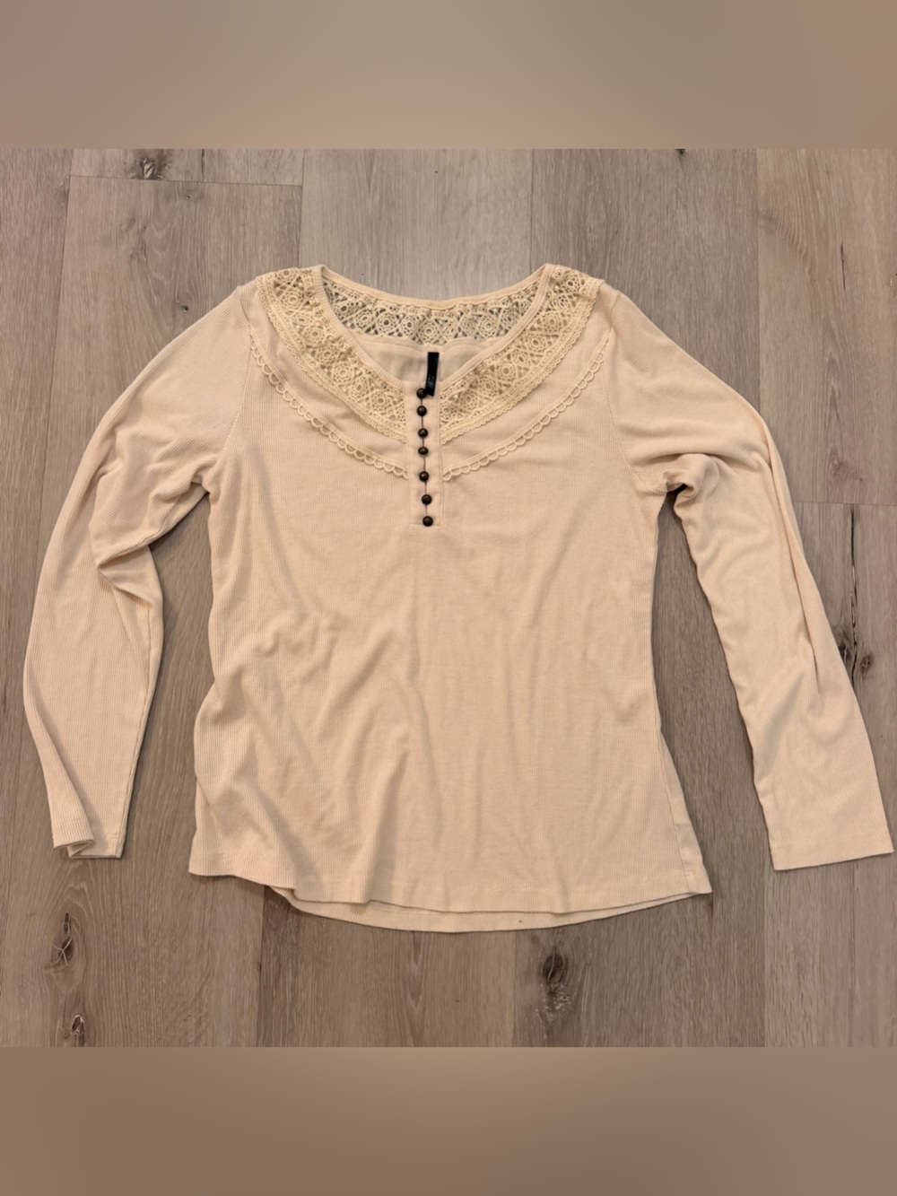 JW Style Y2K Vintage Cream Ribbed Crochet Lace Henley Top